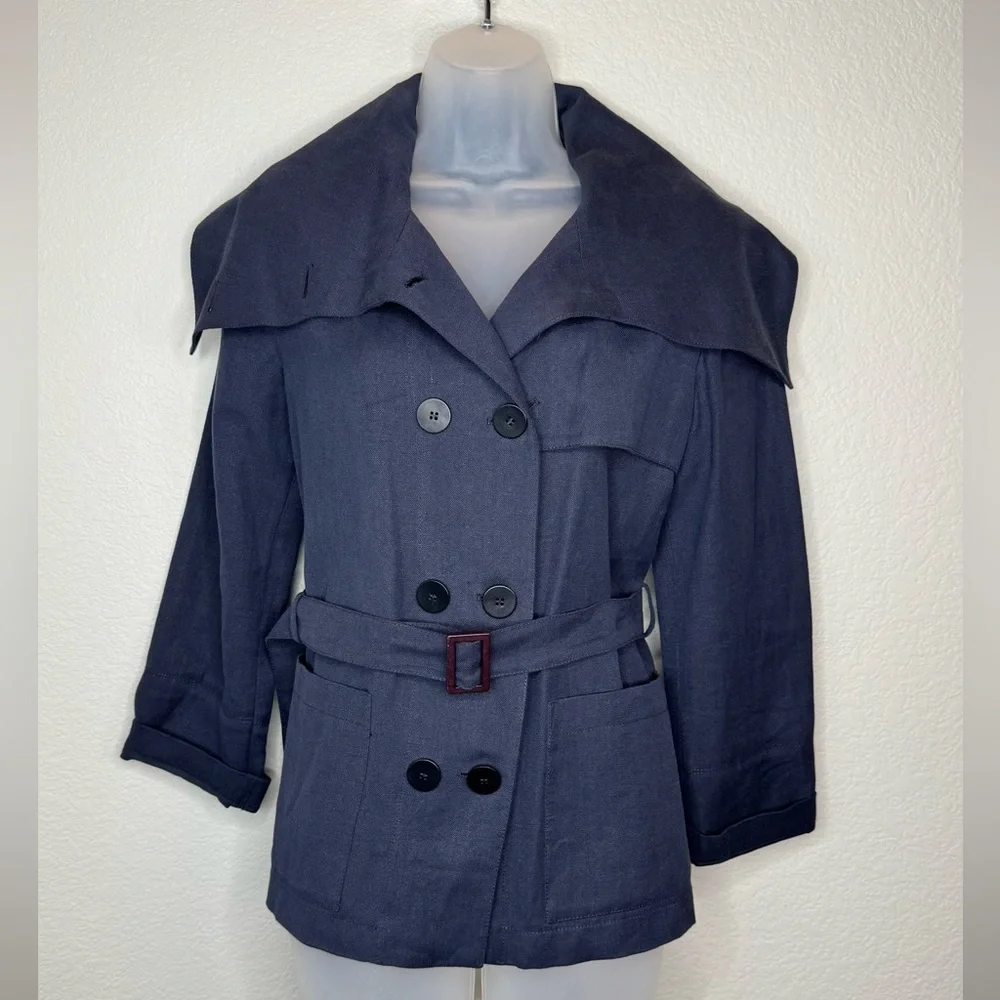Giorgio Armani Short‎ Belted Trench Jacket Linen Blend M Navy Blue
